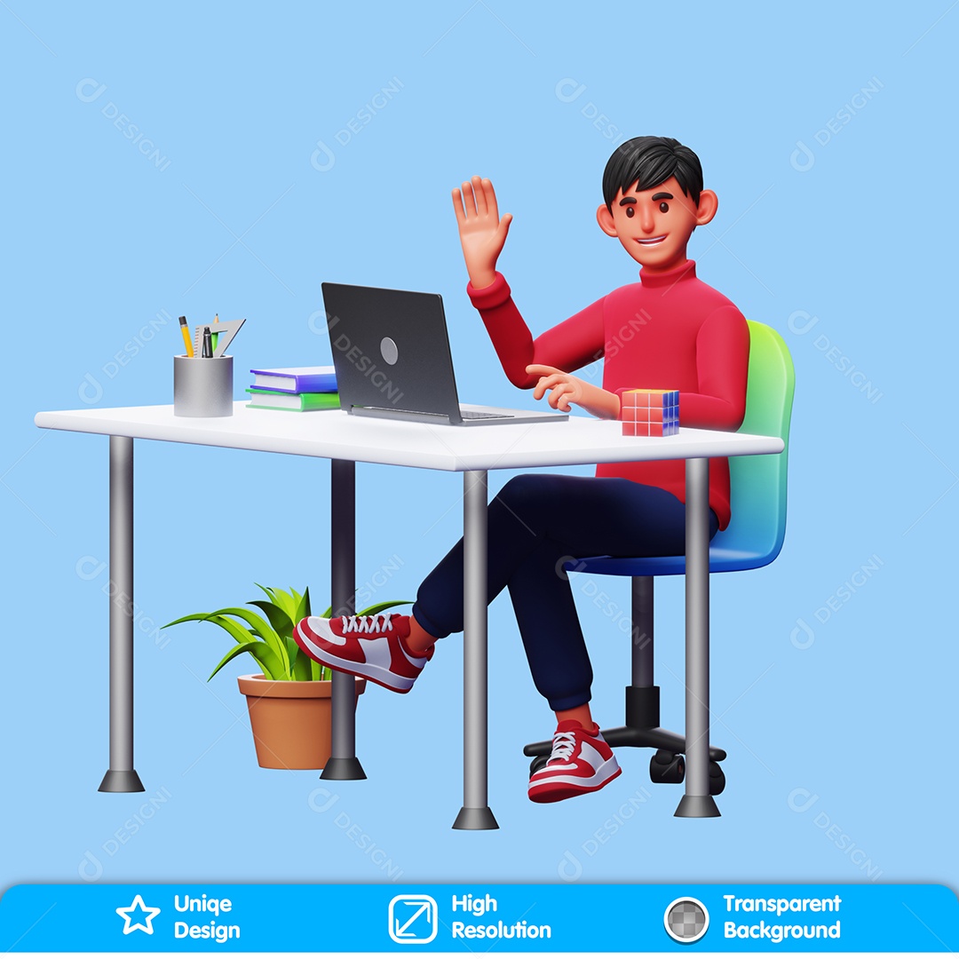 Personagem Sentado Na Frente Do Computador Acenado Elemento 3D Para Composição PSD