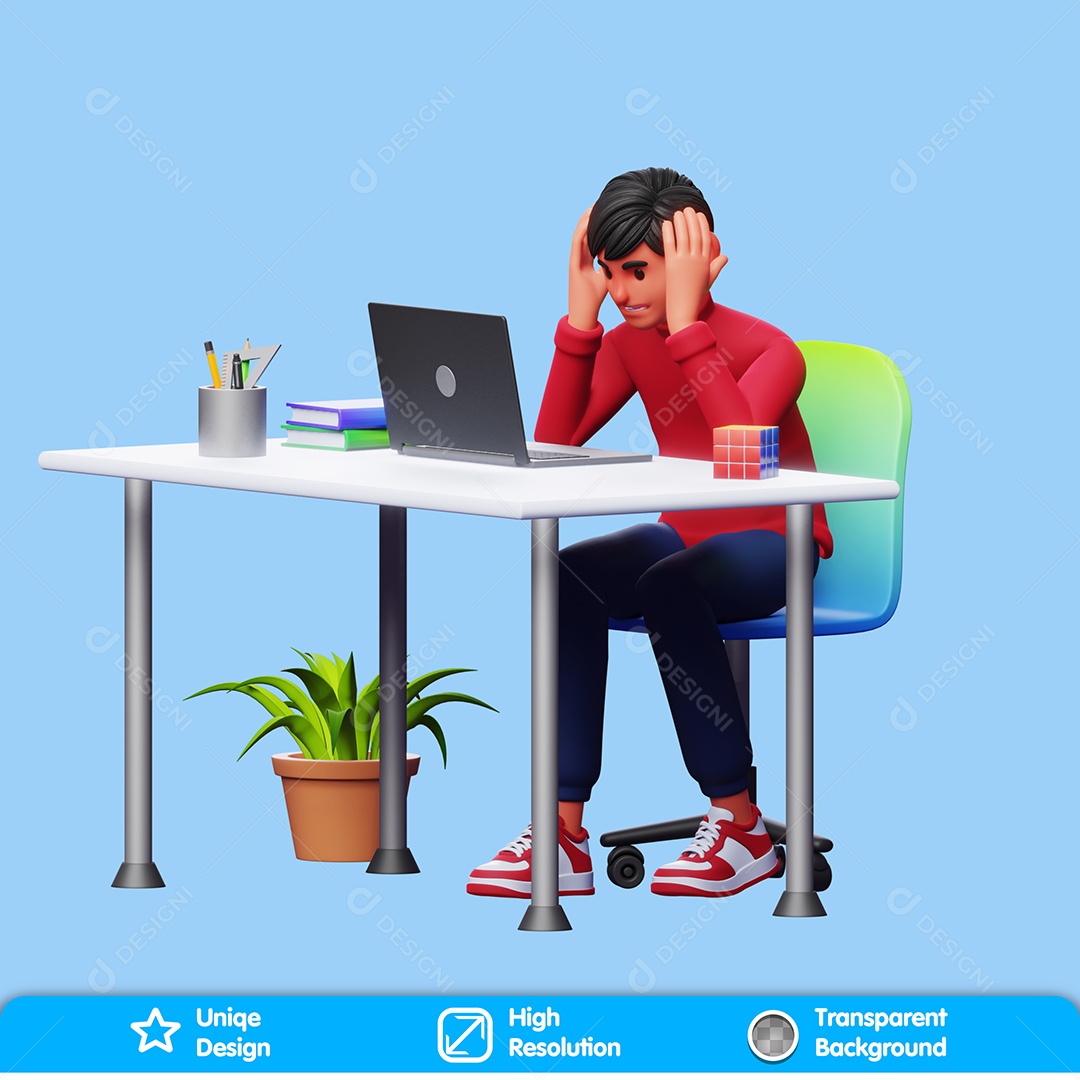 Personagem Preocupado Olhando O Computador Elemento 3D Para Composição PSD