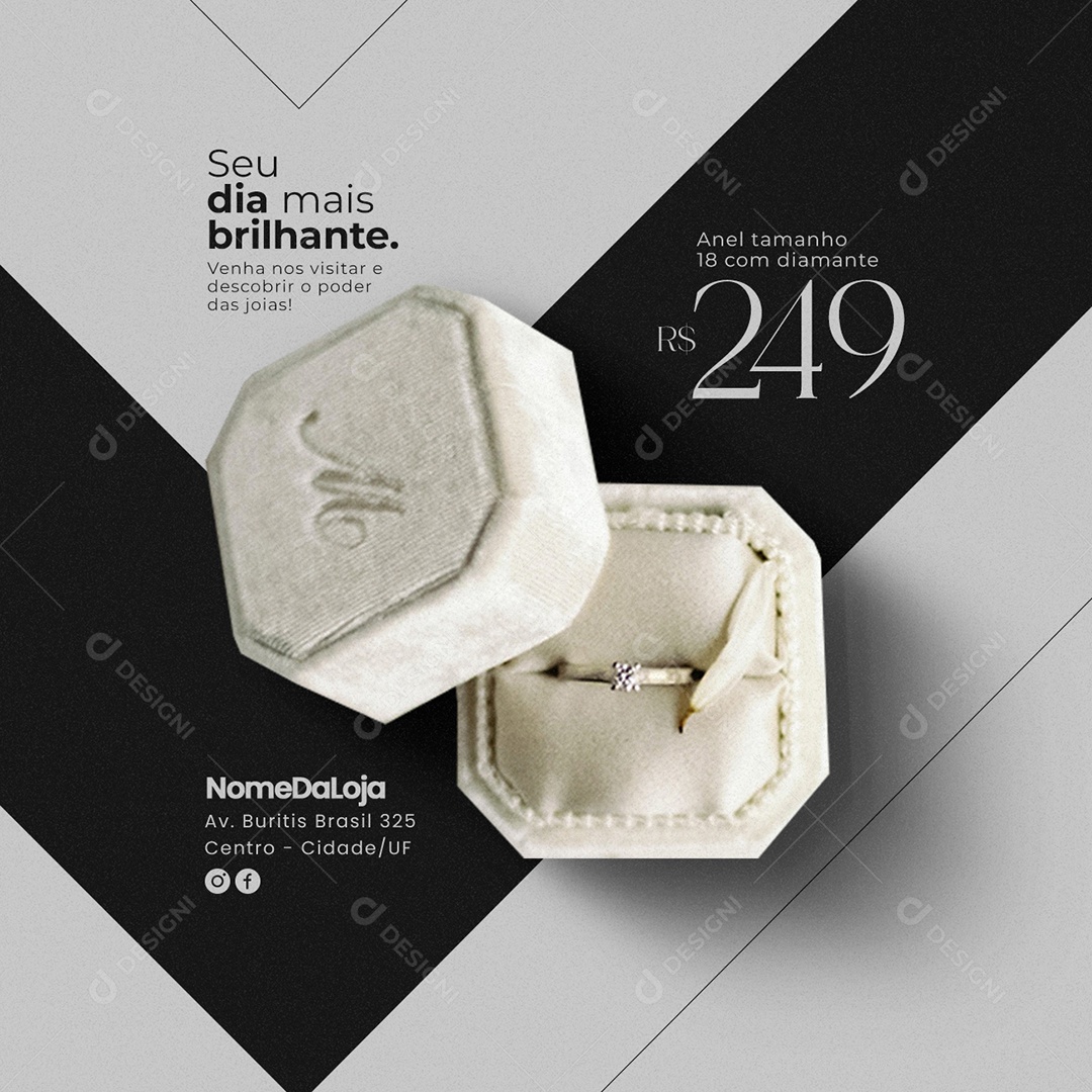 Seu Dia Mais Brilhante Anel Tamanho 18 Com Diamante 249,00 Joalheria Social Media PSD Editável
