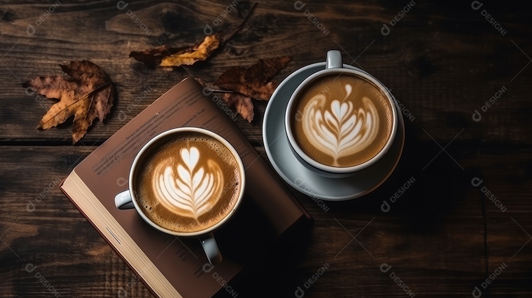 Xícaras de cappuccino em uma superfície de madeira.