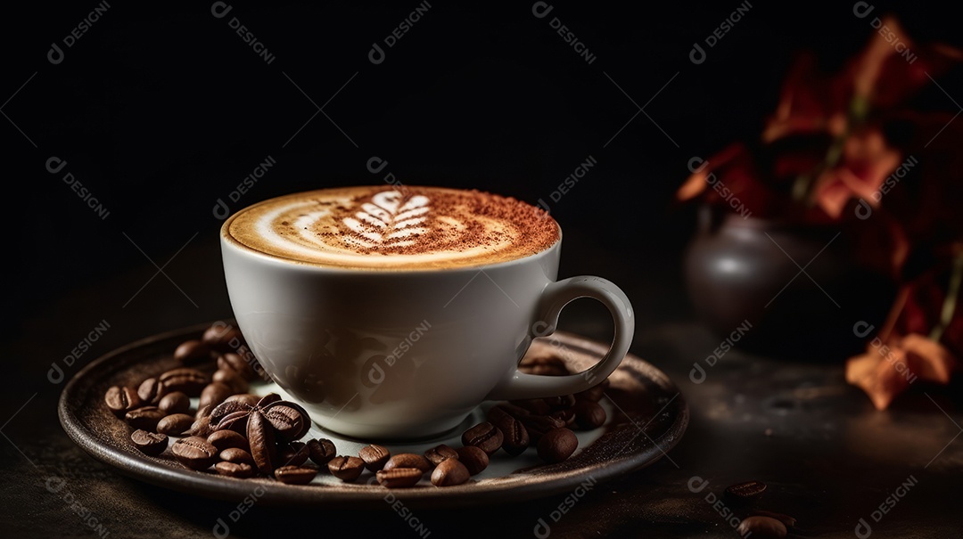 Xícaras de cappuccino em uma superfície de madeira.