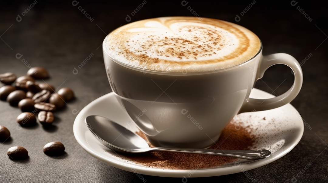 Xícaras de cappuccino em uma superfície de madeira.