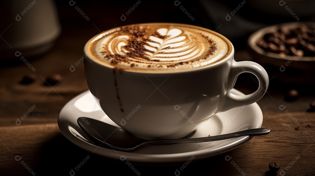 Xícaras de cappuccino em uma superfície de madeira.