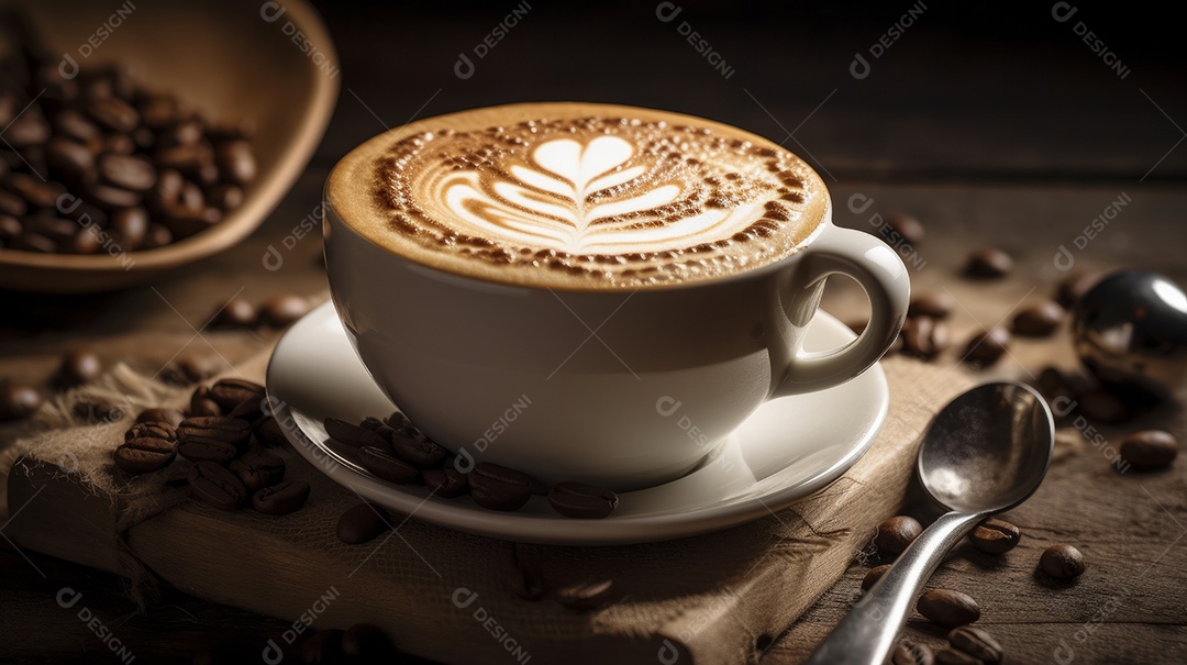 Xícaras de cappuccino em uma superfície de madeira.