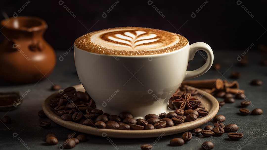 Xícaras de cappuccino em uma superfície de madeira.