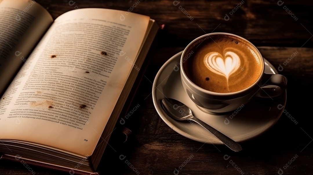 Xícaras de cappuccino em uma superfície de madeira.