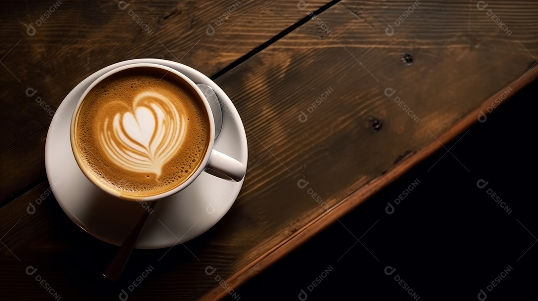 Xícaras de cappuccino em uma superfície de madeira.