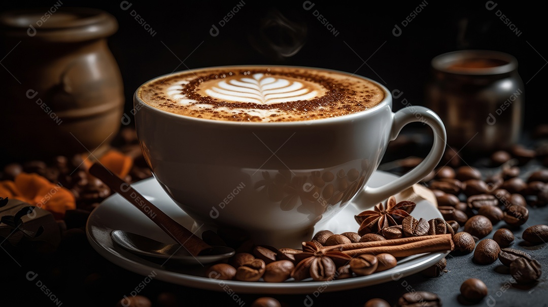 Xícaras de cappuccino em uma superfície de madeira.