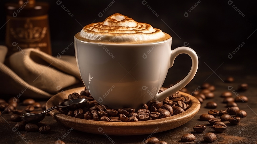 Xícaras de cappuccino em uma superfície de madeira.