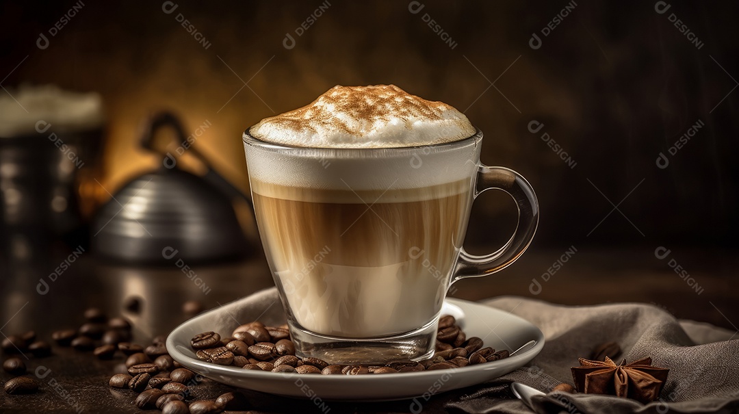 Xícaras de cappuccino em uma superfície de madeira.