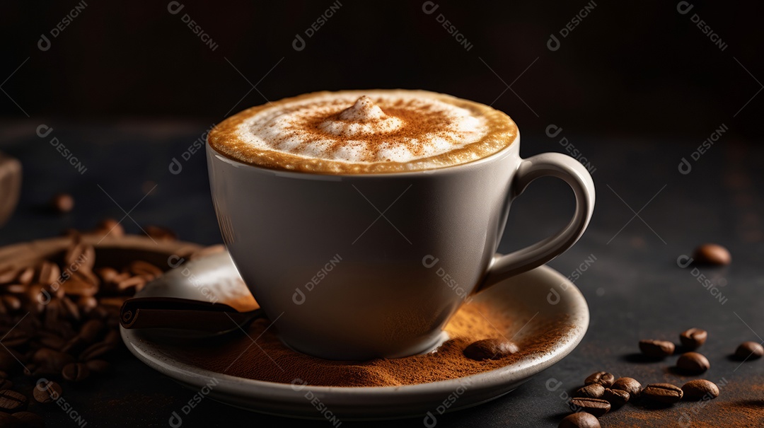 Xícaras de cappuccino em uma superfície de madeira.