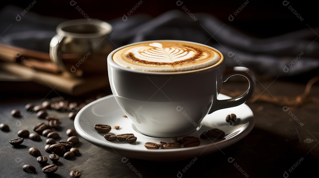 Xícaras de cappuccino em uma superfície de madeira.