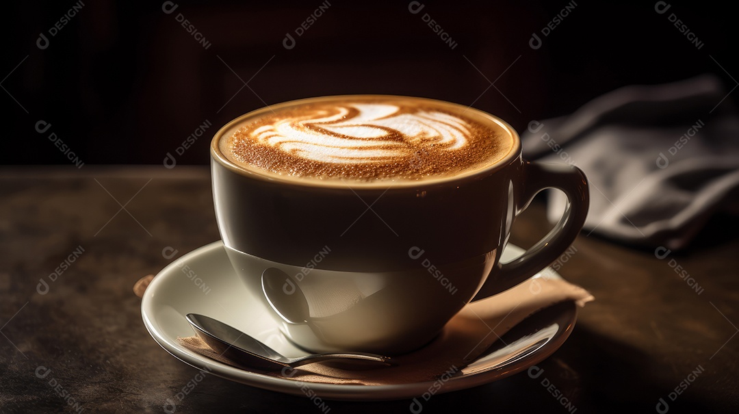 Xícaras de cappuccino em uma superfície de madeira.