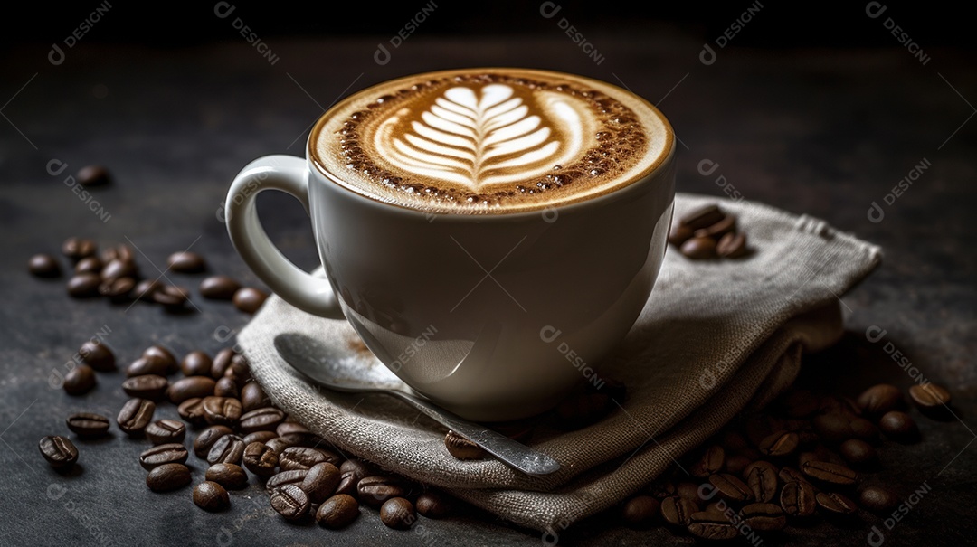 Xícaras de cappuccino em uma superfície de madeira.