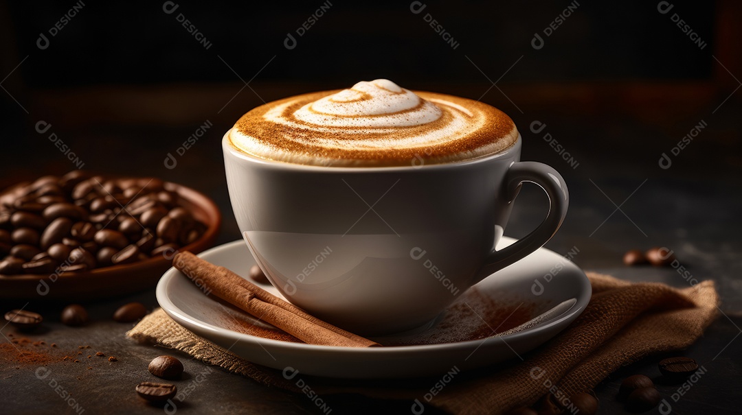 Xícaras de cappuccino em uma superfície de madeira.