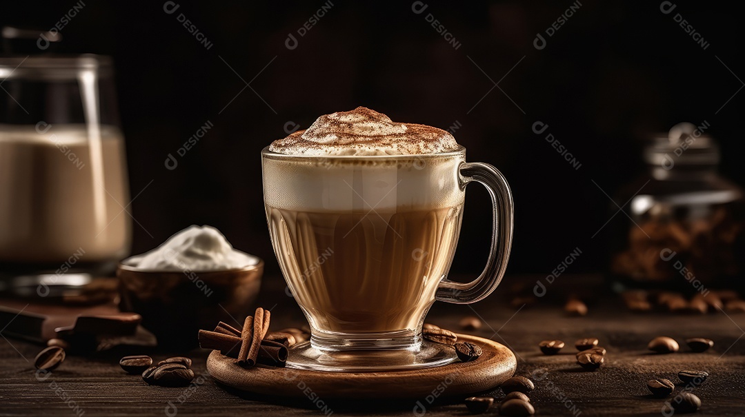 Xícaras de cappuccino em uma superfície de madeira.