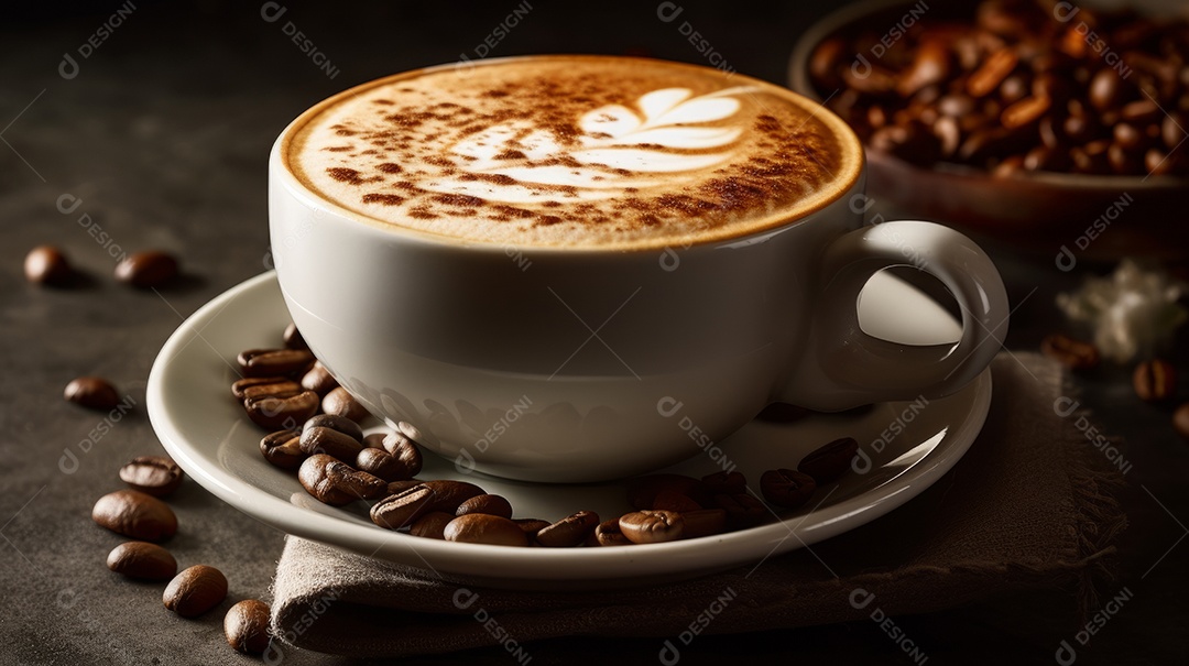 Xícaras de cappuccino em uma superfície de madeira.