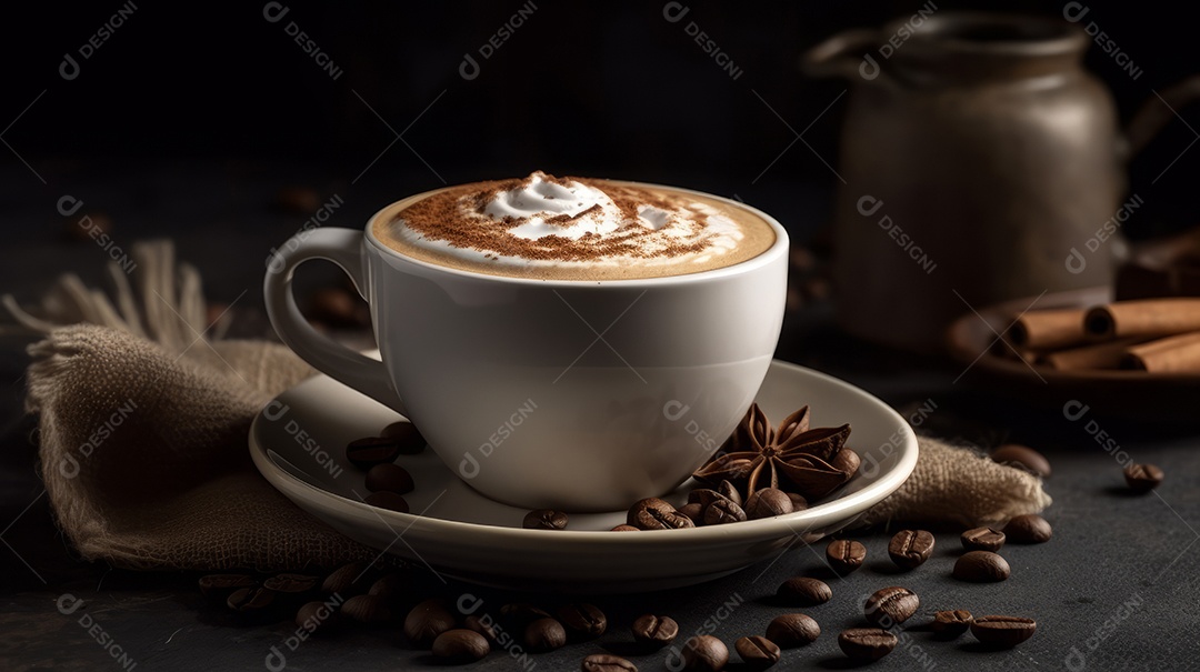 Xícaras de cappuccino em uma superfície de madeira.