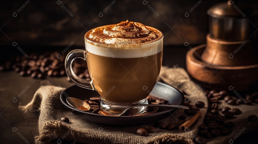 Xícaras de cappuccino em uma superfície de madeira.