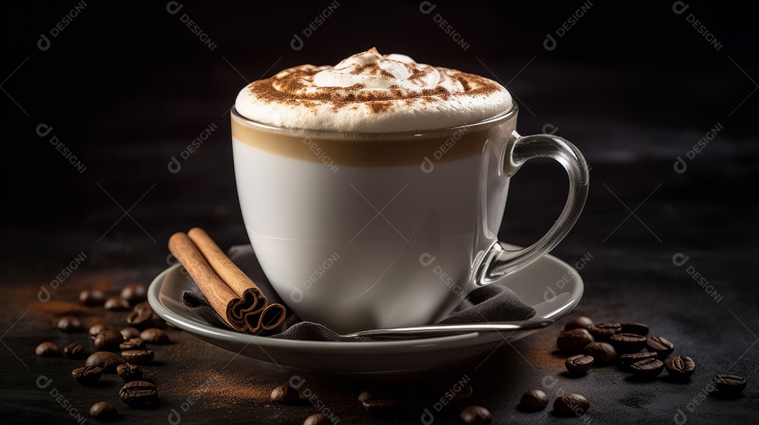 Xícaras de cappuccino em uma superfície de madeira.