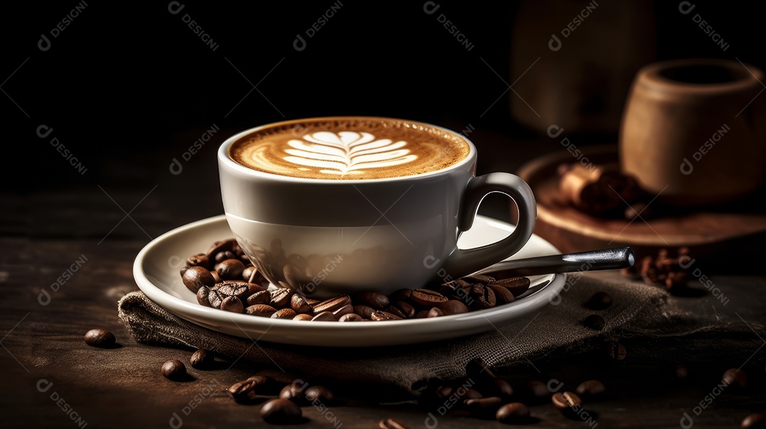 Xícaras de cappuccino em uma superfície de madeira.