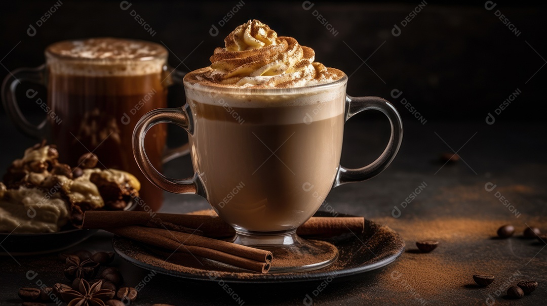 Xícaras de cappuccino em uma superfície de madeira.