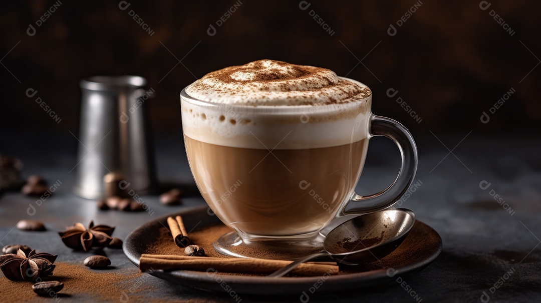 Xícaras de cappuccino em uma superfície de madeira.