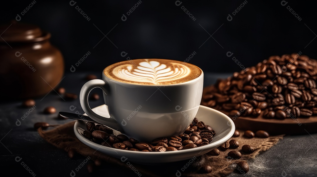 Xícaras de cappuccino em uma superfície de madeira.