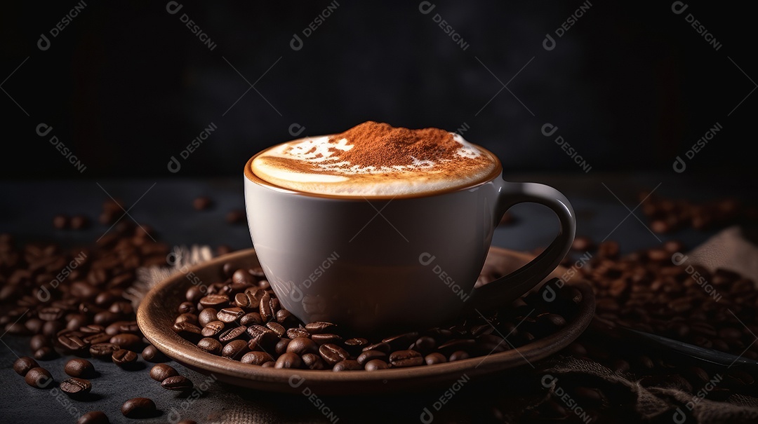 Xícaras de cappuccino em uma superfície de madeira.