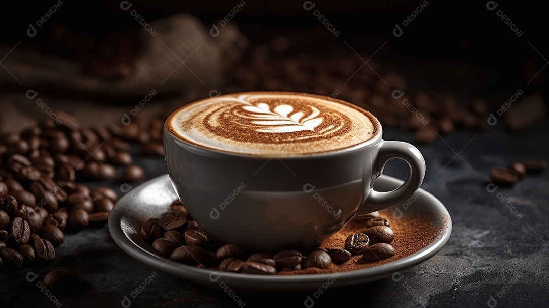 Xícaras de cappuccino em uma superfície de madeira.