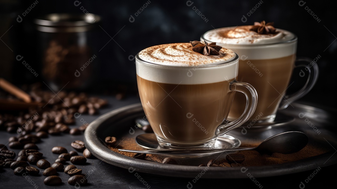Xícaras de cappuccino em uma superfície de madeira.