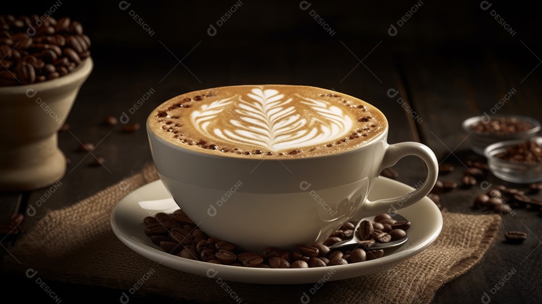 Xícaras de cappuccino em uma superfície de madeira.