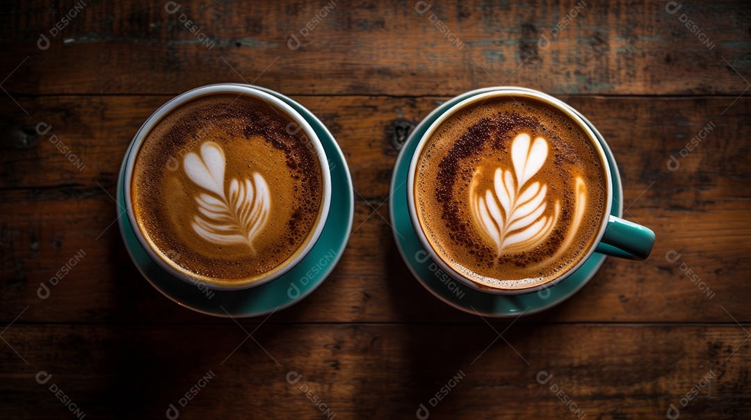 Xícaras de cappuccino em uma superfície de madeira.