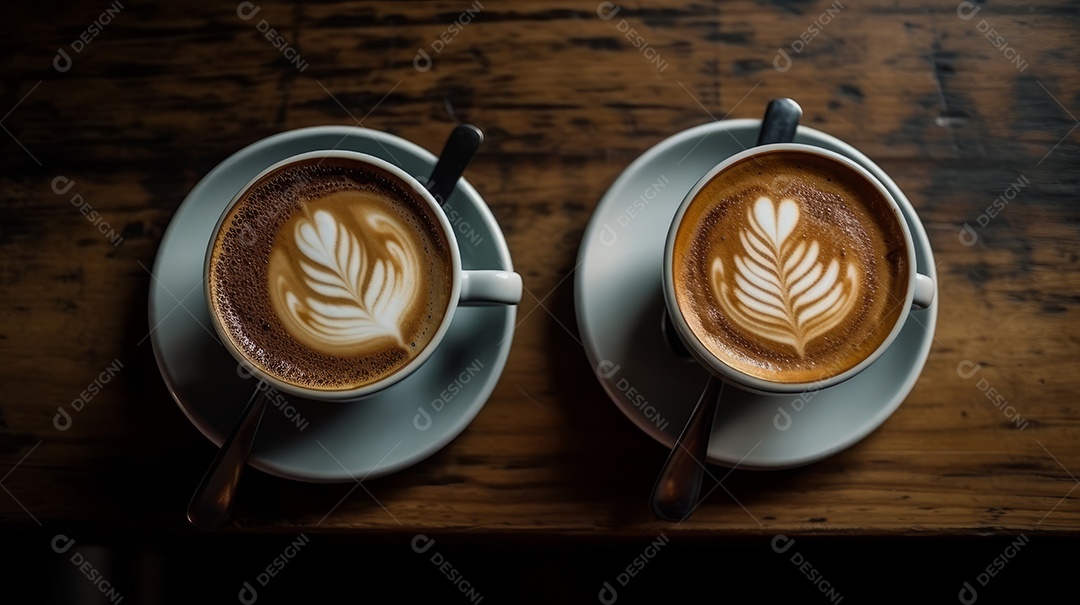 Xícaras de cappuccino em uma superfície de madeira.