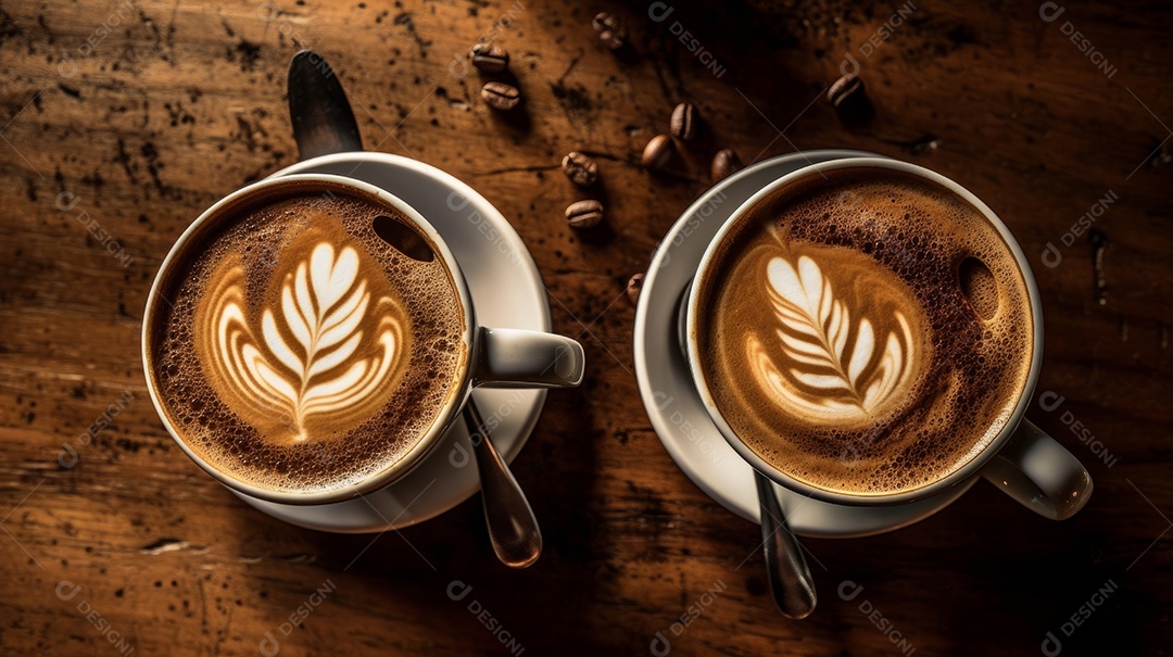Xícaras de cappuccino em uma superfície de madeira.