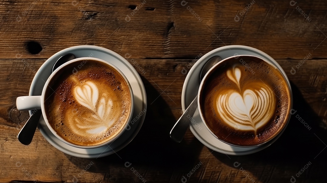 Xícaras de cappuccino em uma superfície de madeira.