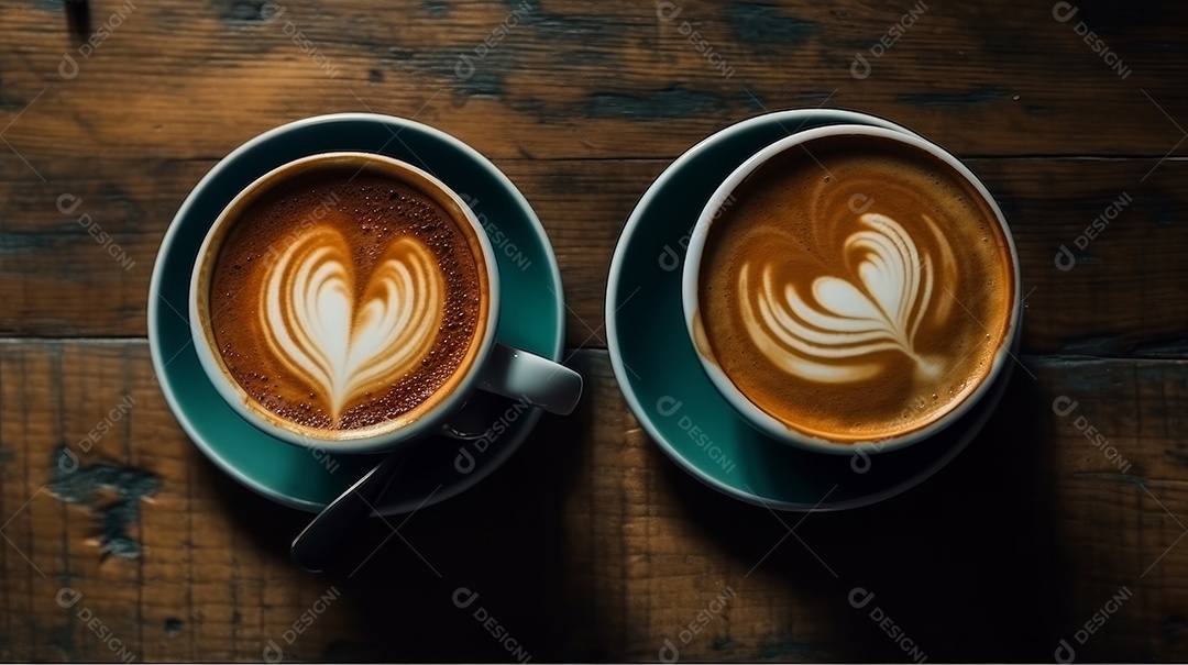 Xícaras de cappuccino em uma superfície de madeira.