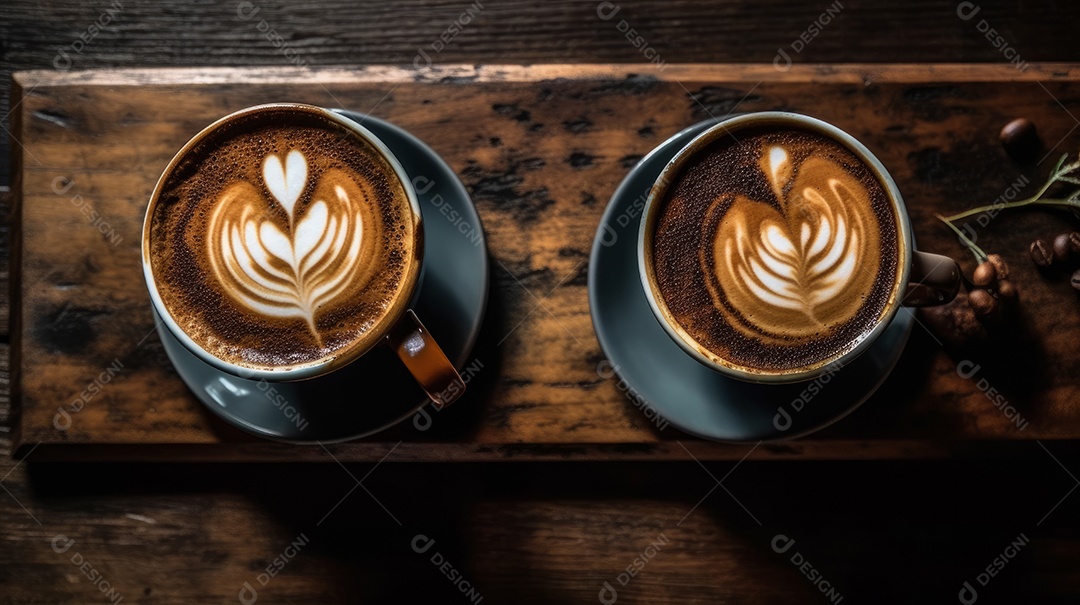Xícaras de cappuccino em uma superfície de madeira.