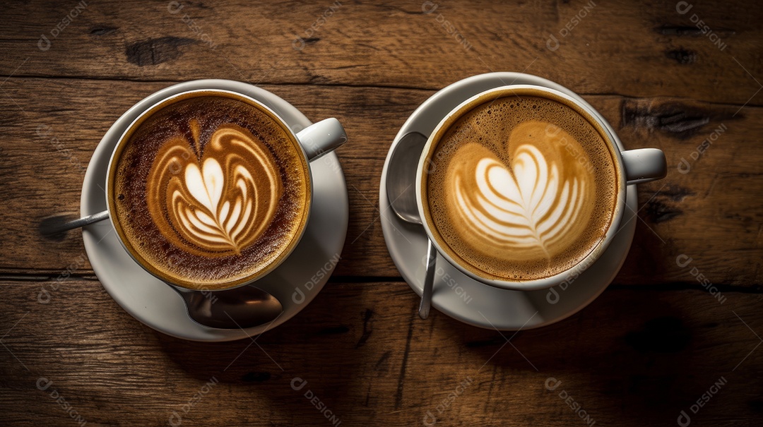 Xícaras de cappuccino em uma superfície de madeira.