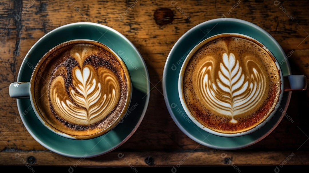 Xícaras de cappuccino em uma superfície de madeira.