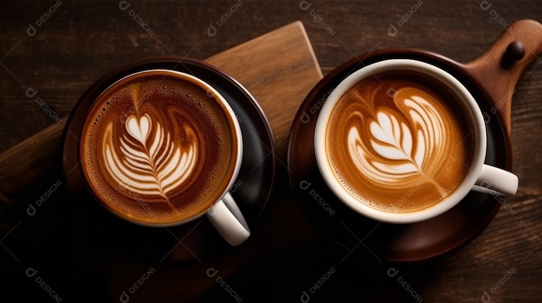 Xícaras de cappuccino em uma superfície de madeira.