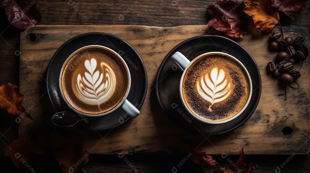 Xícaras de cappuccino em uma superfície de madeira.