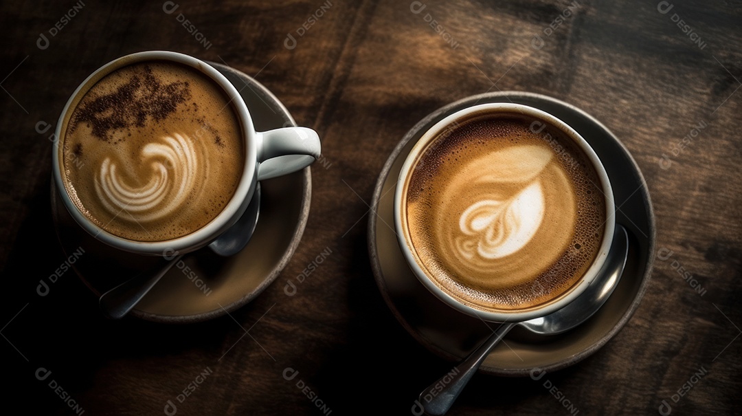Xícaras de cappuccino em uma superfície de madeira.