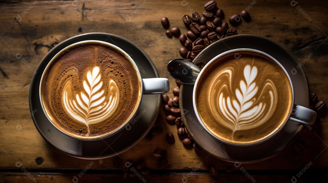 Xícaras de cappuccino em uma superfície de madeira.