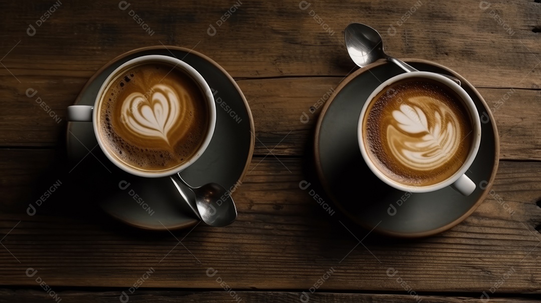 Xícaras de cappuccino em uma superfície de madeira.