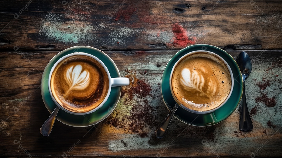 Xícaras de cappuccino em uma superfície de madeira.