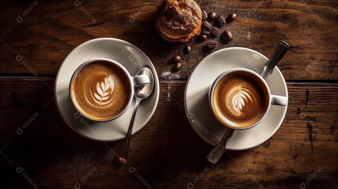 Xícaras de cappuccino em uma superfície de madeira.