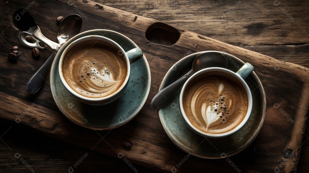 Xícaras de cappuccino em uma superfície de madeira.