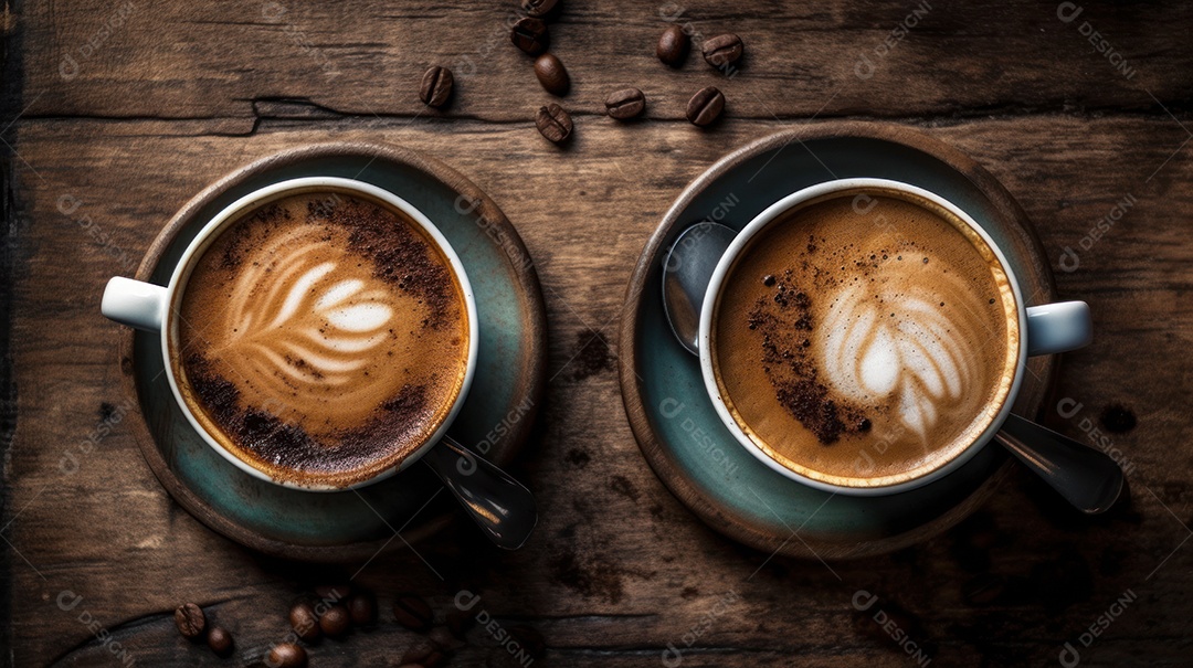 Xícaras de cappuccino em uma superfície de madeira.