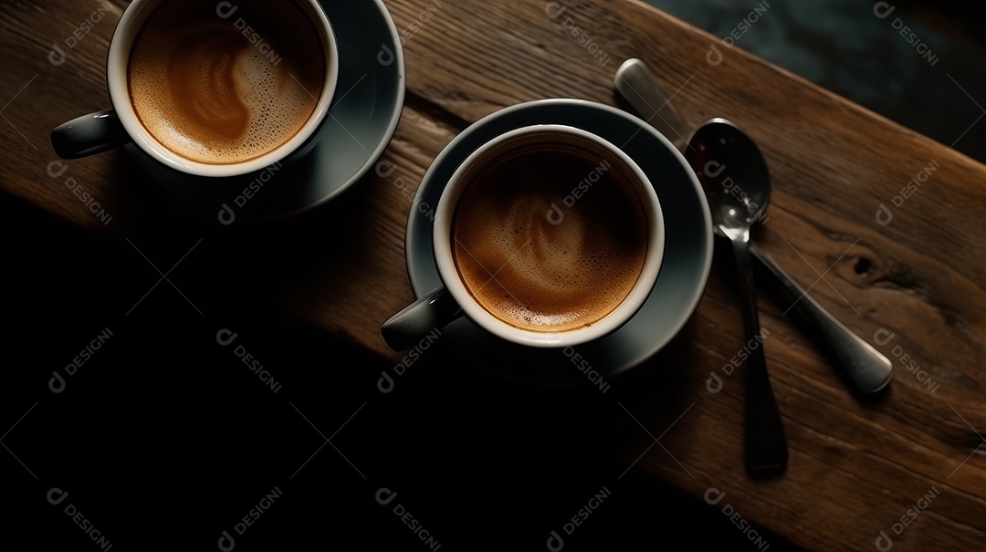Xícaras de cappuccino em uma superfície de madeira.